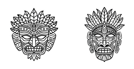 Intricate amazonian tribal mask design line art style vector design illustration