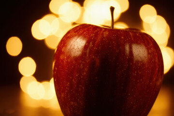 Shiny red apple and blurred festive lights on black backdrop.