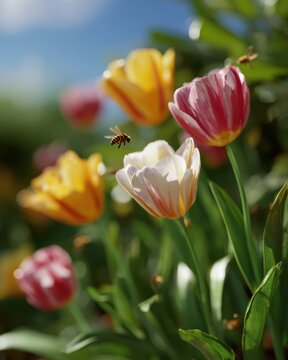 Fototapeta spring garden with blooming tulips and bees, bright sunny day