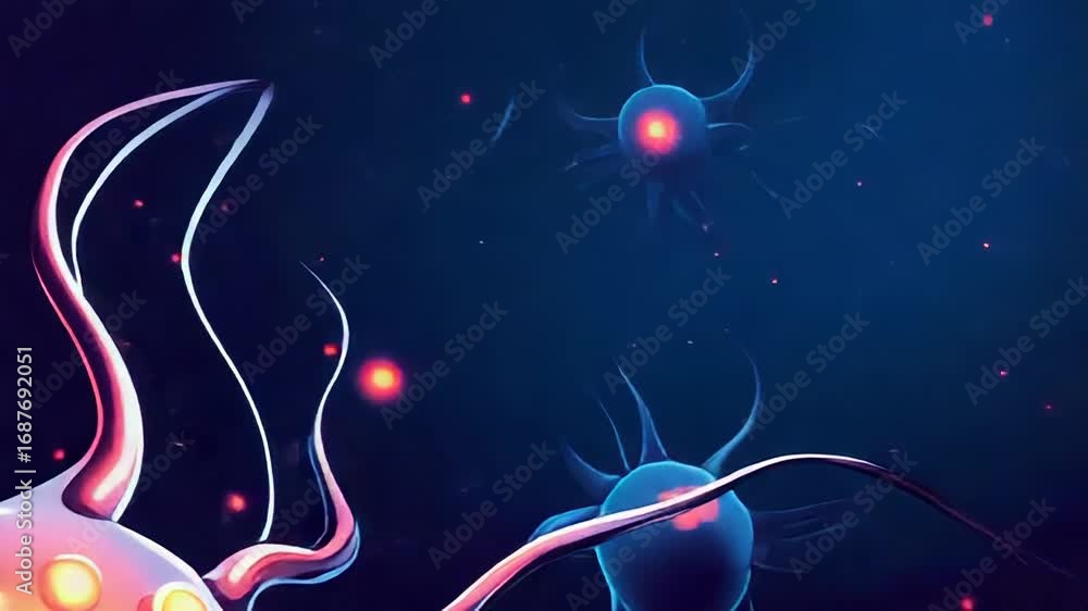 Aufkleber glowing neuron transmitting signals in neural network, microscopic view