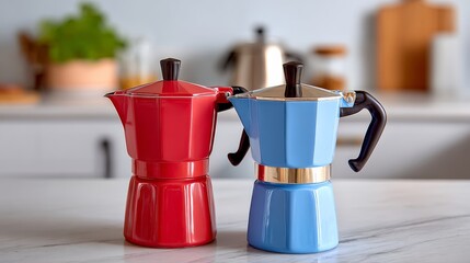 Two coffee pots, one red and one blue, are placed on a counter. The scene takes place in a kitchen, with a potted plant nearby and a few other items scattered around