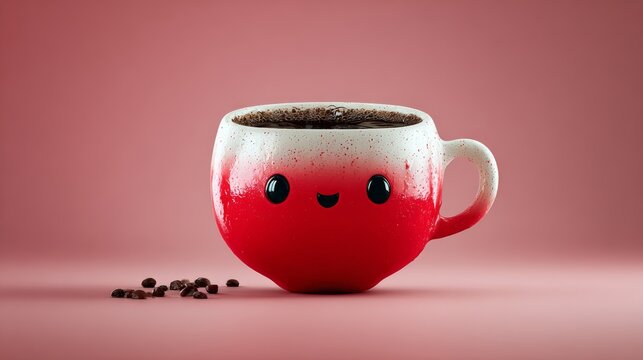 Red and white coffee cup with a smiling face on it. The cup is filled with coffee and has a few coffee beans on the table