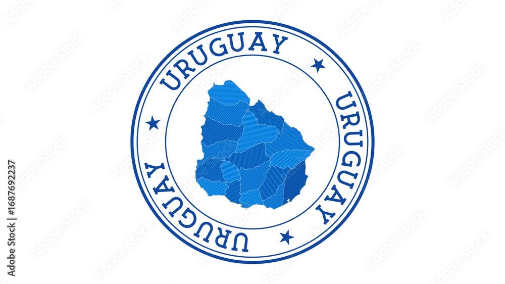 Poster Uruguay intro. Badge with the circular name and map of country. Uruguay round logo animation.