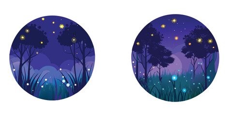 Nighttime forest scene filled with glowing fireflies vector art design illustration