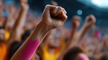 friends cheering at stadium sporting event, colorful crowd