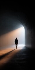Solitary journey of an elderly male in a dimly lit tunnel
