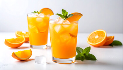 Orange juice with ice and garnish—vibrant citrus refreshment styled with wedges on white for summer clarity.