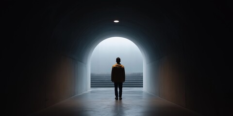 Obraz premium Silhouette of a young asian male in tunnel with distant light