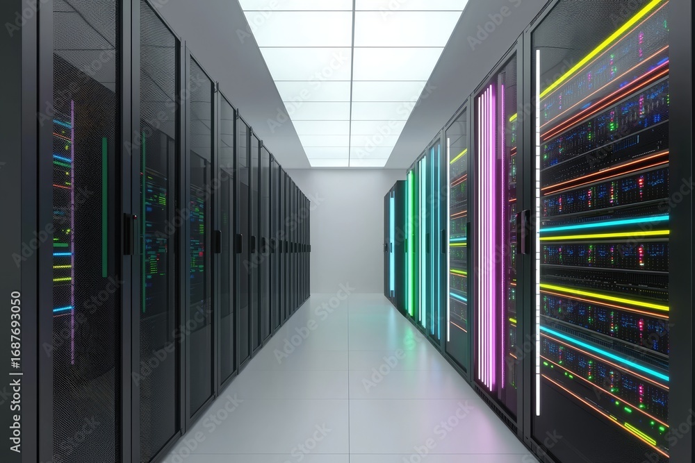 Poster futuristic data center with illuminated server racks and vibrant led lights in corridor, representin