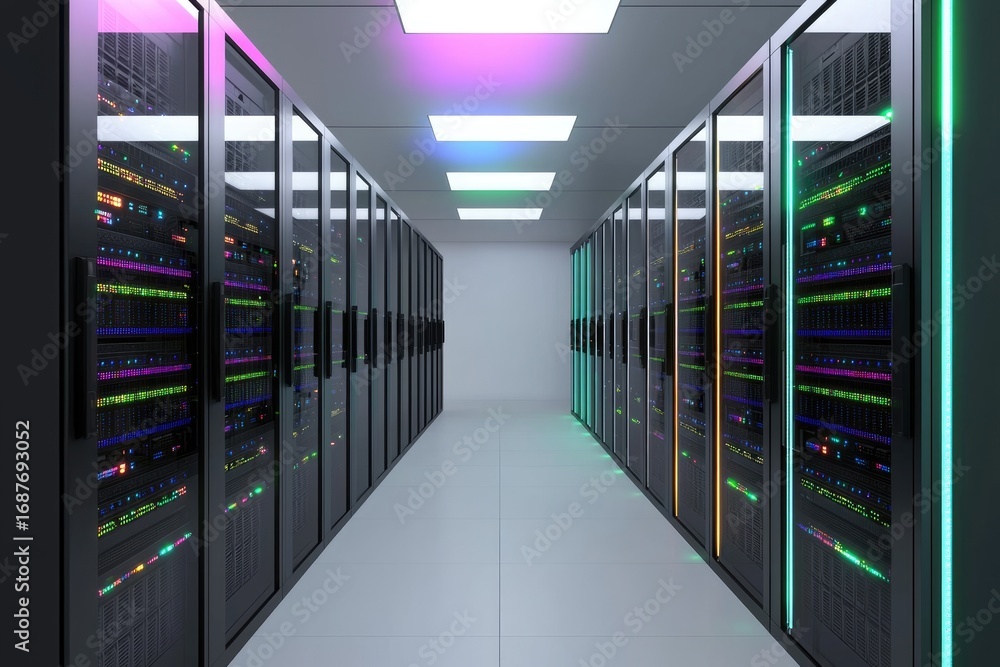 Poster futuristic data center with rows of modern server racks and glowing led lights in corridor, symboliz