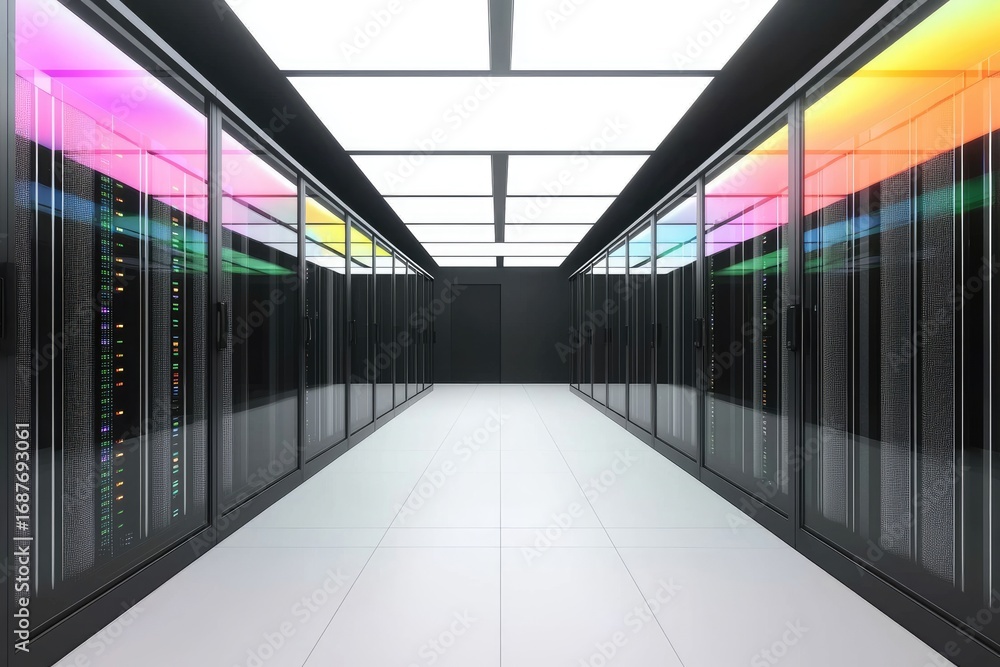 Poster futuristic data center with glowing led reflections on server racks in modern corridor, representing