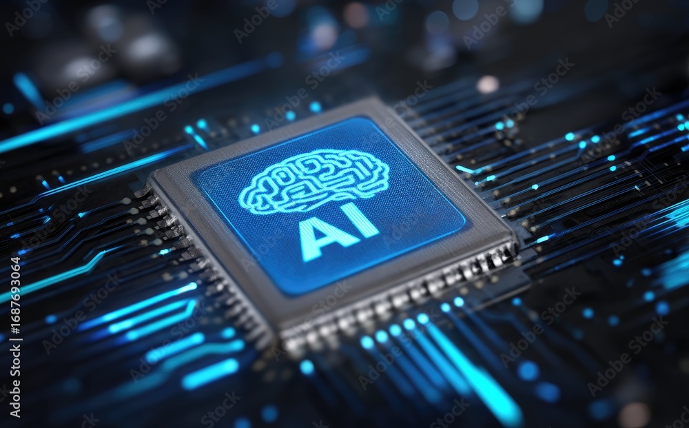 Poster 3d rendering of ai chip with glowing brain icon and futuristic circuit board background, ideal for t