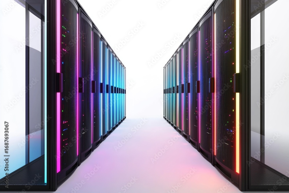 Poster futuristic server racks with colorful led lights in modern data center corridor, representing cloud 