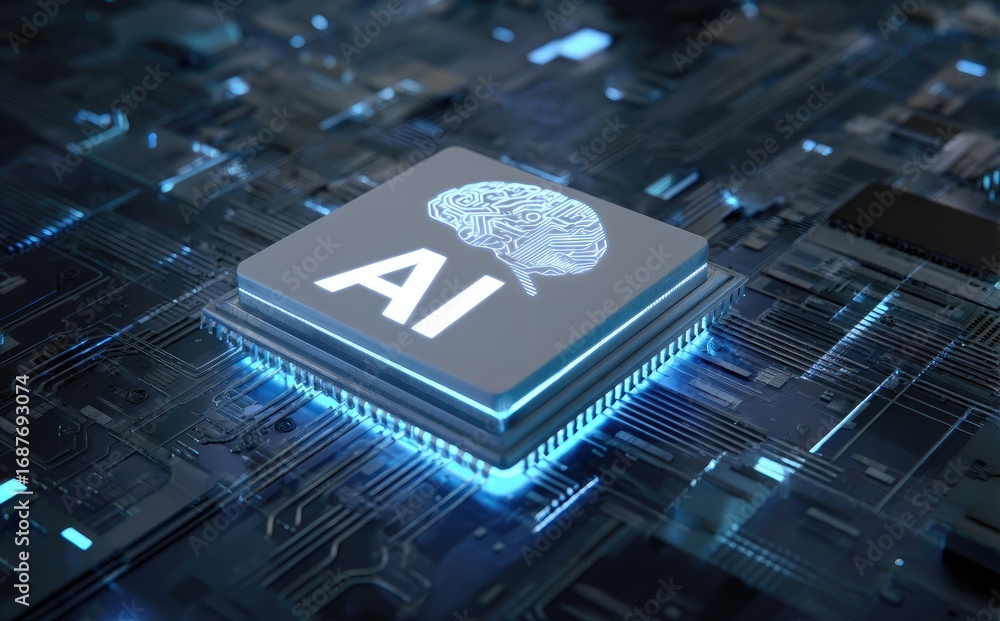 Aufkleber ai chip with glowing brain symbol on futuristic circuit board, representing artificial intelligence 