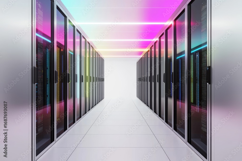 Poster modern data center corridor with futuristic server racks and glowing led lights, representing cloud 