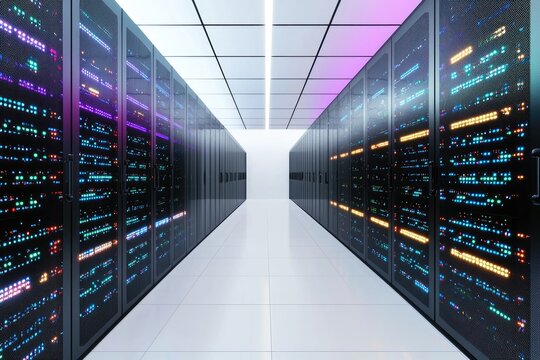 High tech data center with futuristic server racks and glowing LED lights in corridor, representing cloud computing, cybersecurity, storage solutions, and digital infrastructure systems