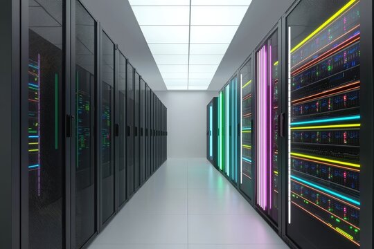 Futuristic data center with illuminated server racks and vibrant LED lights in corridor, representing cloud computing, cybersecurity, storage solutions, and modern digital infrastructure