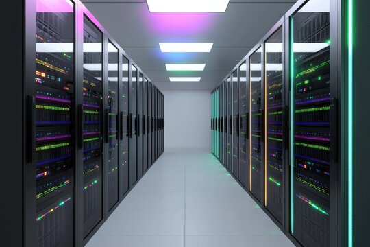 Futuristic data center with rows of modern server racks and glowing LED lights in corridor, symbolizing cloud computing, storage technology, cybersecurity, and digital infrastructure systems