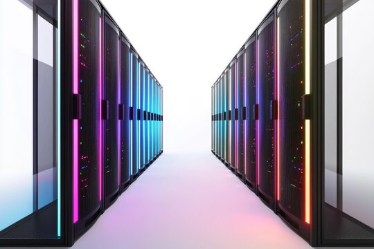 Futuristic server racks with colorful LED lights in modern data center corridor, representing cloud computing, digital storage, network technology, and infrastructure solutions