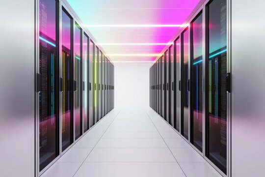 Modern data center corridor with futuristic server racks and glowing LED lights, representing cloud computing, digital infrastructure, high performance storage, and network systems