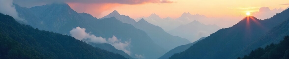 Fototapeta premium Misty mountain peaks shrouded in a smoky haze, creating an ethereal and mysterious atmosphere Sunlight filters through the clouds, illuminating the rugged landscape , panorama, aerial