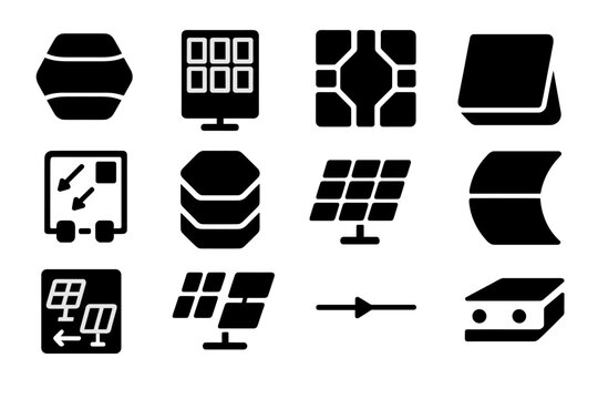 Photovoltaic Technology Icons. Solid style icons of photovoltaic technology: solar cell, monocrystalline panel, polycrystalline