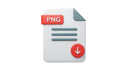 A 3D rendering of a document icon with the label PNG and a download symbol, representing file transfer or data saving.