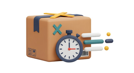 3D rendering of a cardboard box with a stopwatch, symbolizing fast delivery and shipping.