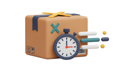 3D rendering of a cardboard box with a stopwatch, symbolizing fast delivery and shipping.