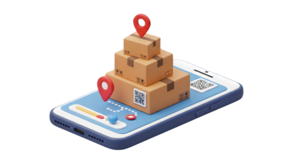 Delivery tracking app: boxes stacked on a phone screen with location pins.