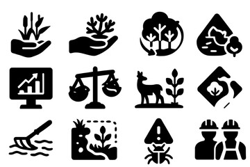 Environmental Restoration Icons. Solid style icons of environmental restoration: wetland rebuild icon, coral transplant hand,