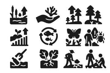 Environmental Restoration Icons. Solid style icons of environmental restoration: wetland rebuild icon, coral transplant hand,