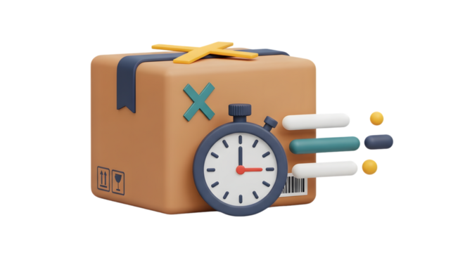 3D rendering of a cardboard box with a stopwatch, symbolizing fast delivery and shipping.