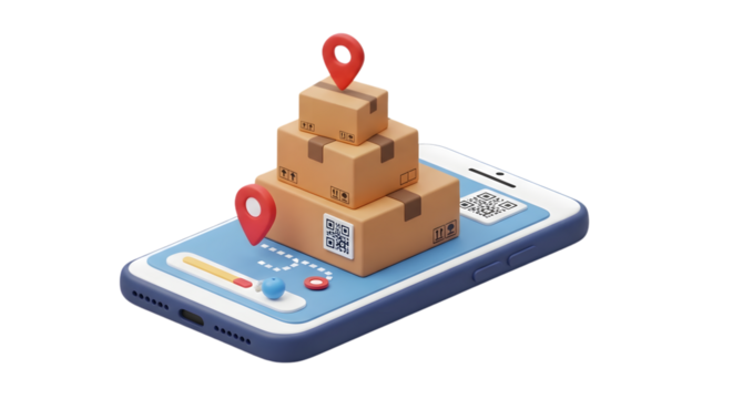 Delivery tracking app: boxes stacked on a phone screen with location pins.