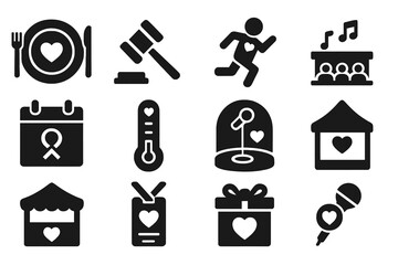 Charity Event Icons. Solid style icons of charity events: fundraising dinner plate, auction gavel icon, charity run figure,