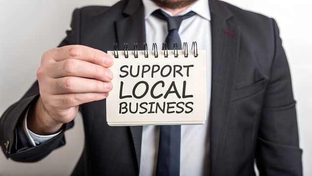 Support local business message, businessman holding sign