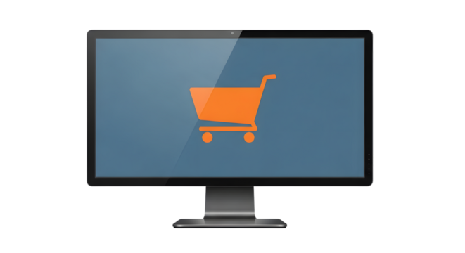 Modern computer screen showing shopping cart for ecommerce, online store and retail concepts