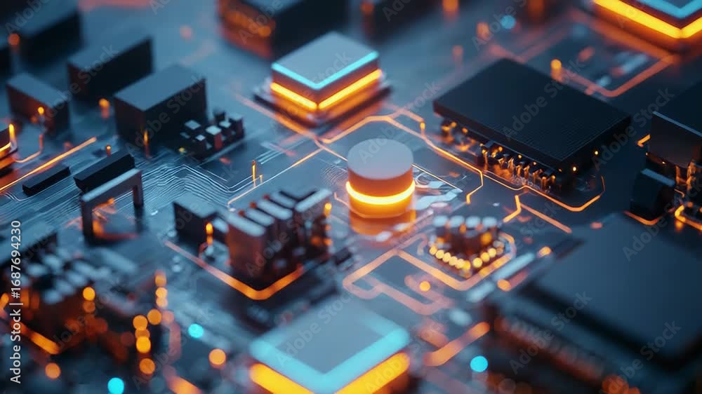 Aufkleber close up of cpu processing data on motherboard with glowing circuits