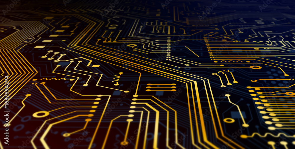 Poster computing technologies concept. microelectronic circuit with gold lines, macro view. illustration. p