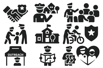 Community Policing Icons. Solid style icons of community policing: handshake with badge, neighborhood patrol icon, community