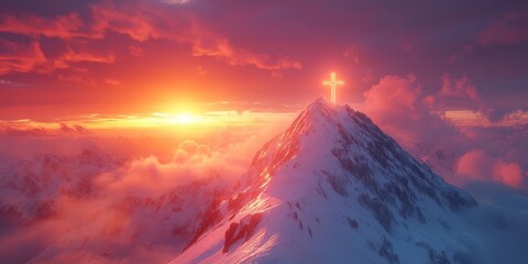 Sunset illuminates a snowy mountain peak with a glowing cross symbolizing hope and faith