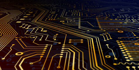 Computing technologies concept. Microelectronic circuit with gold lines, macro view. Illustration. Panorama