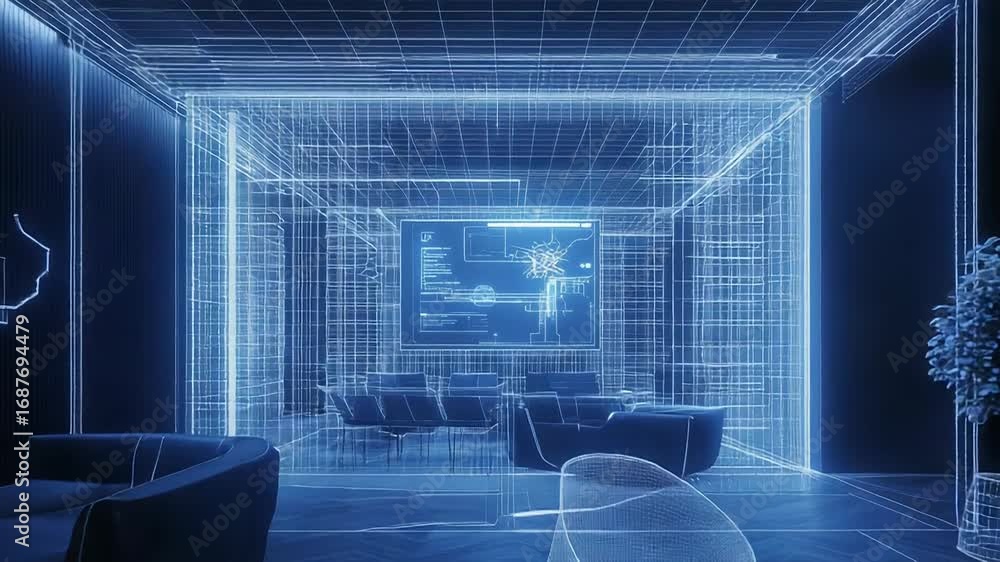 Aufkleber blueprint showing modern office interior design with screen displaying futuristic data interface
