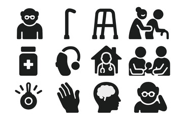 Elderly Care Icons. Solid style icons of elderly care and geriatric medicine: elderly patient icon, cane with support, walker