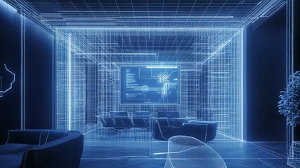 Blueprint showing modern office interior design with screen displaying futuristic data interface - Powered by Adobe