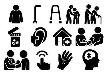 Obraz na płótnie Canvas Elderly Care Icons. Solid style icons of elderly care and geriatric medicine: elderly patient icon, cane with support, walker