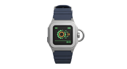 A close-up shot of a futuristic smartwatch with a square screen and a blue strap, isolated on white.