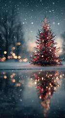 Naklejka premium Decorated Christmas tree stands proudly in the snow with soft lights reflecting in a wintry landscape during a peaceful evening
