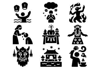 Fototapeta premium Seasonal Temple Celebrations Icons. Solid style icons of seasonal temple festivals: lantern launch, flower shower ritual, fire