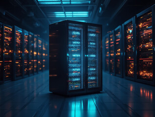 Sleek AI supercomputer glowing in a futuristic data center